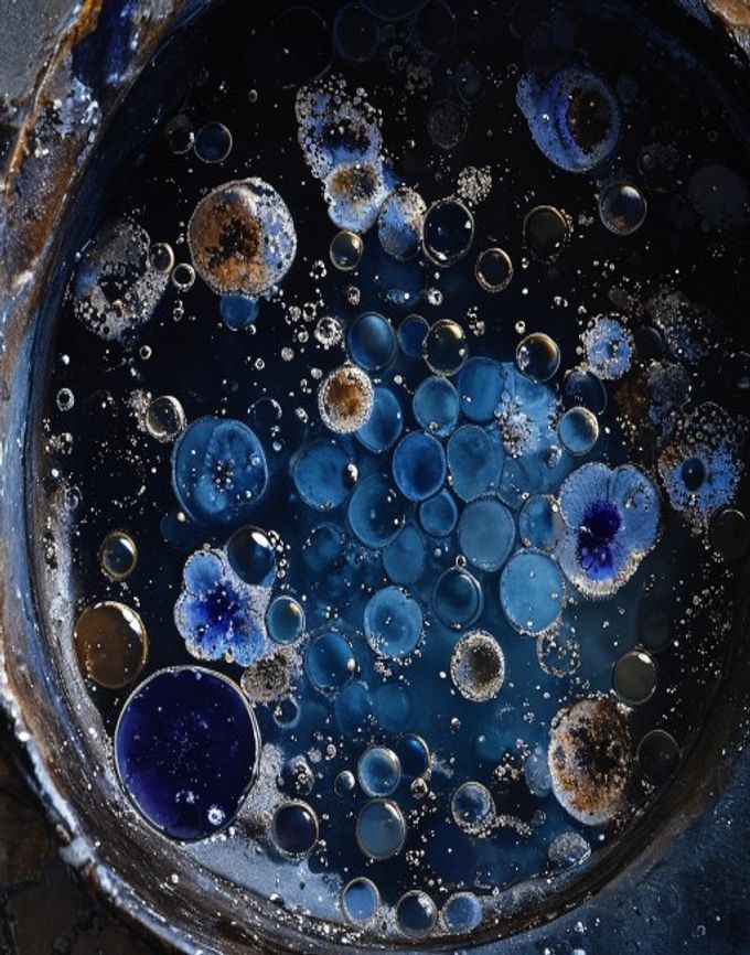 Coppery indigo flower foam blooming on the surface of a living fermentation vat